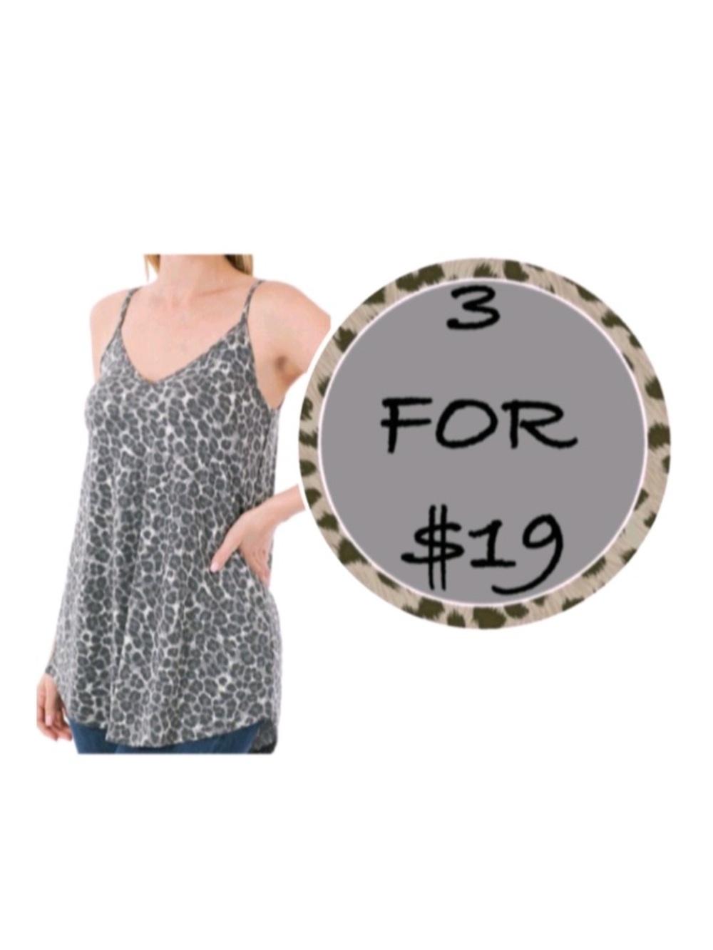 3/$19 Zenana Outfitters leopard print spaghetti strap swing tunic tank top